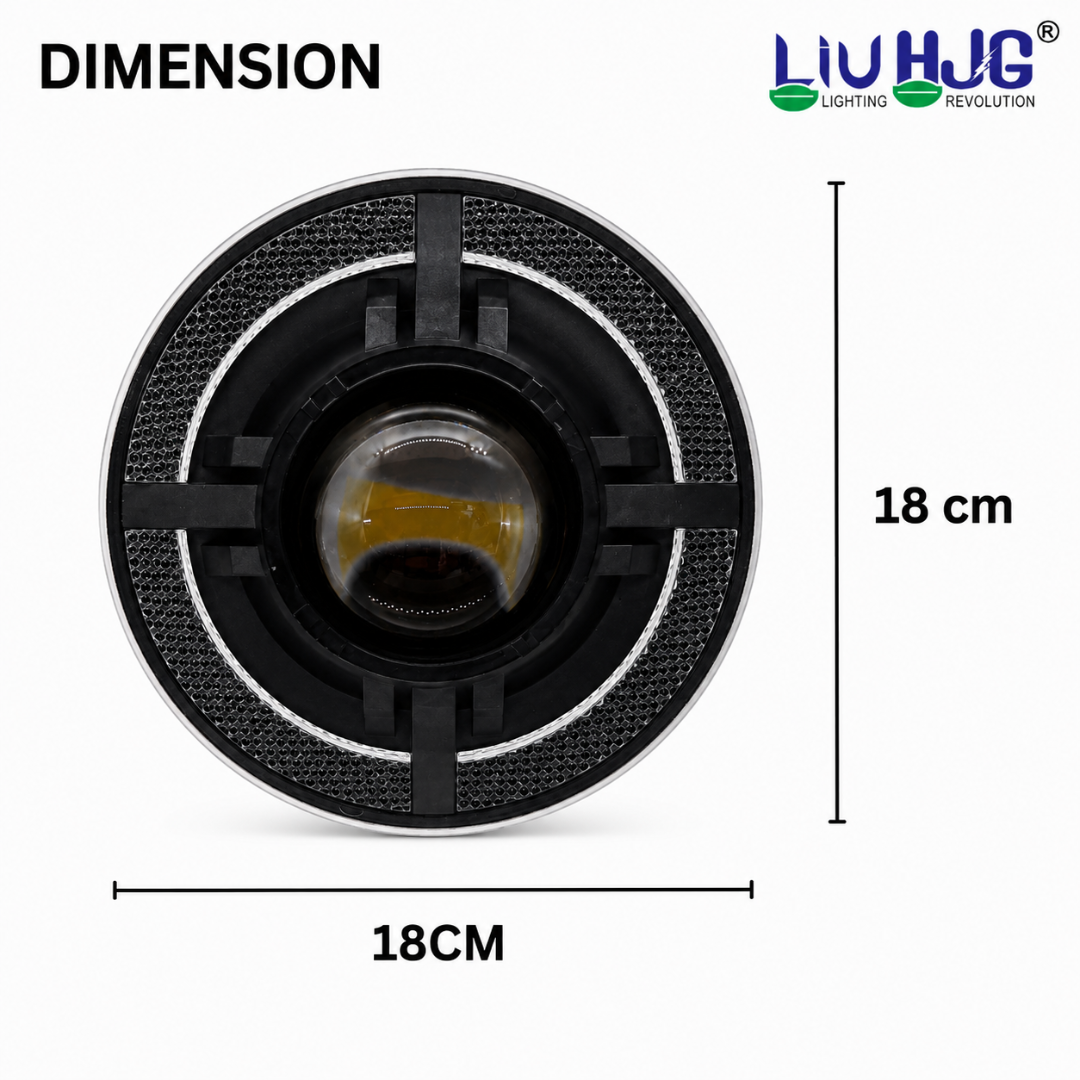 Product dimension diagram showing 7 inch (18 cm) round LED headlight.