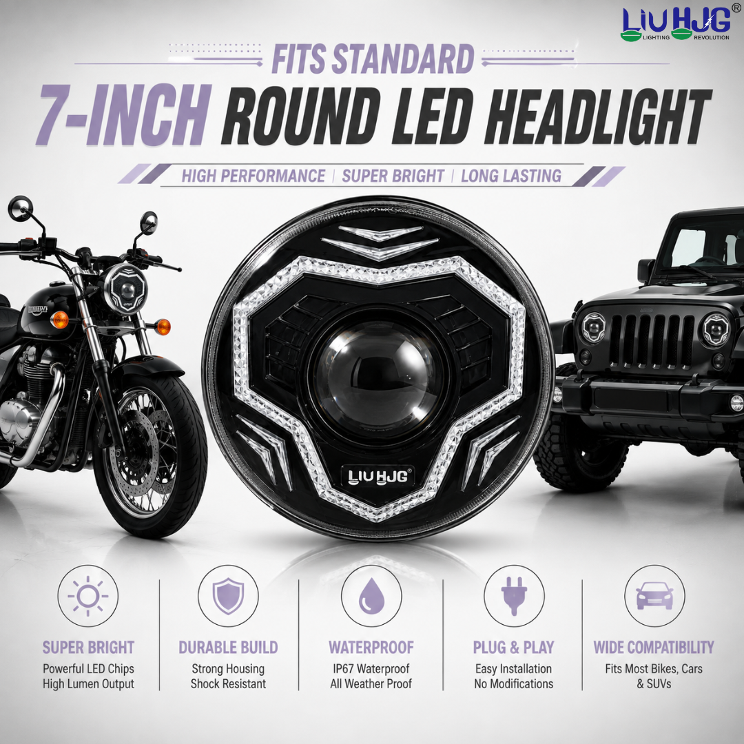 Compatibility graphic showing 7 inch round LED headlight fitting motorcycle and Jeep.