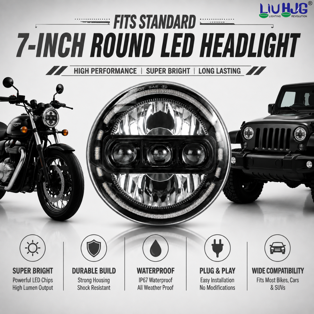 Compatibility graphic showing 7 inch round LED headlight fitting motorcycle and Jeep.