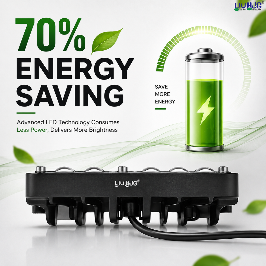 Graphic demonstrating 70 percent energy efficiency of 30W 6 LED fog light.