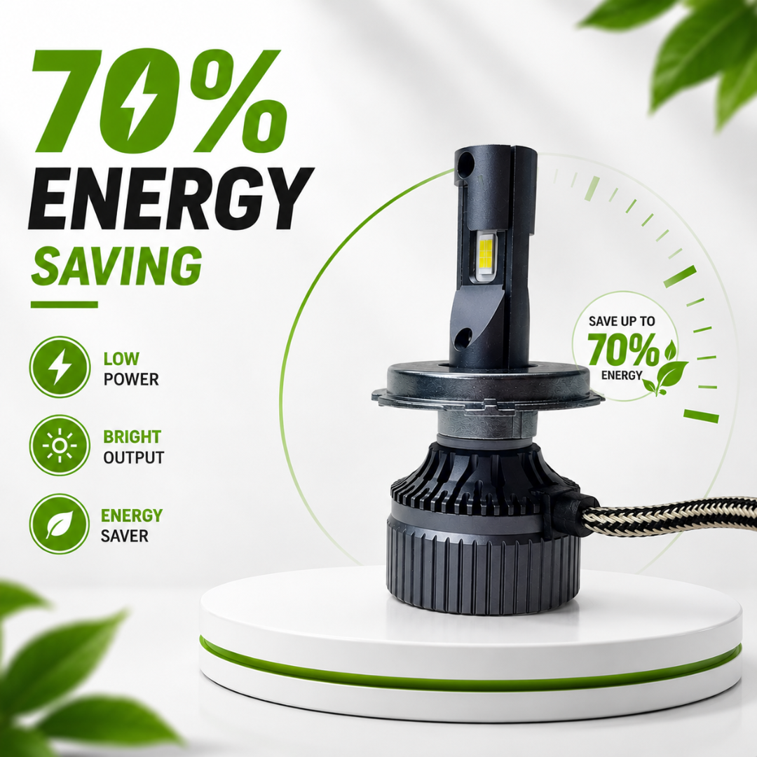 Graphic demonstrating 70 percent energy efficiency of 65W mini LED headlight bulb.