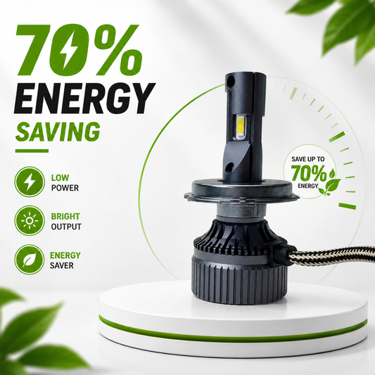 Graphic demonstrating 70 percent energy efficiency of 65W mini LED headlight bulb.