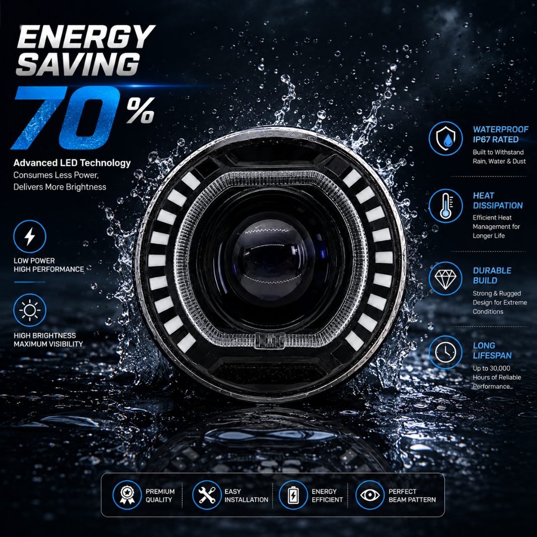 Graphic demonstrating 70 percent energy efficiency of 7 inch round LED headlight.