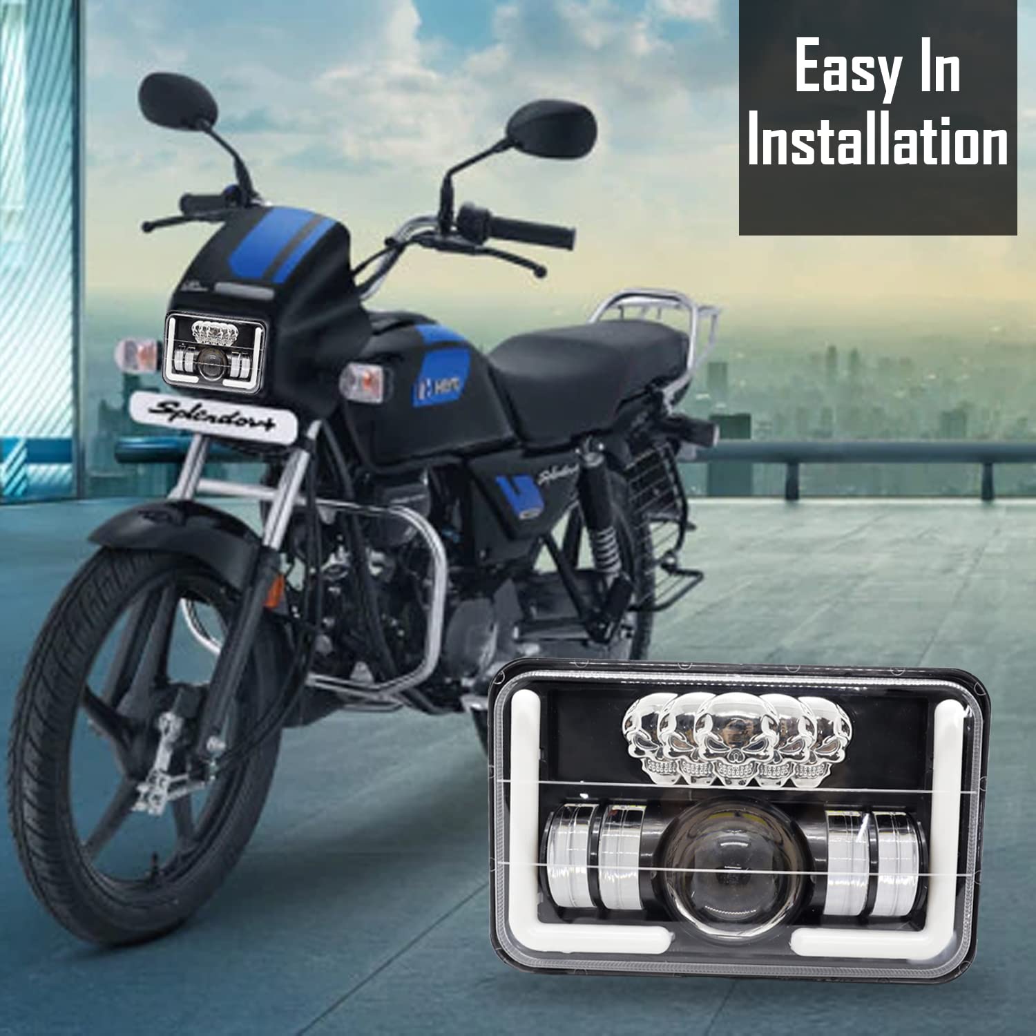 AUTOPOWERZ® White LED Projector Hi/Low Beam Headlight For Hero Splendor Plus, Splendor Pro, Splendor With 5 Skull Multi Flashing With Yellow & White DRL (5 Skulls Splendor Headlight)