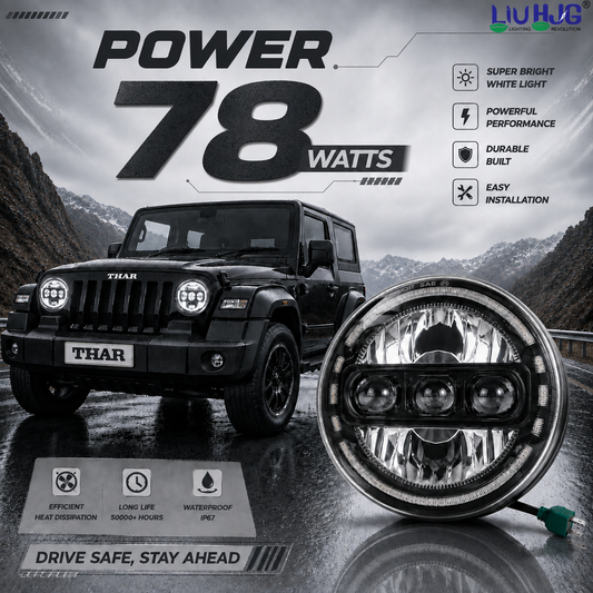 LIU HJG 78W round LED headlight installed on Mahindra Thar 4x4.