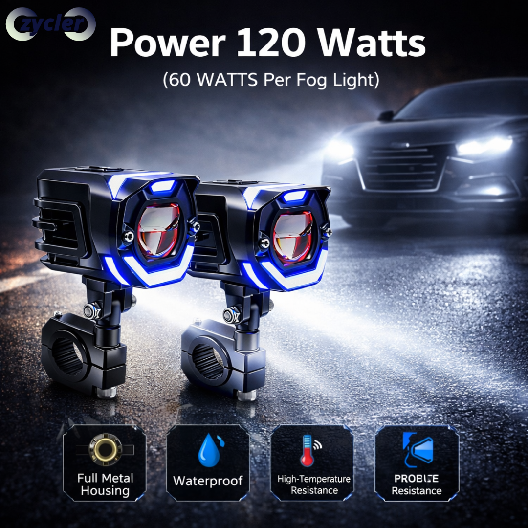 ZYCLER Dual Cut Single Lens High Bright Premium Fog Light with Wiring Harness Waterproof White High Beam, White Low Beam & Red Devil Light & Blue DRL Light Made By Fully CNC Metal 120W 12-80V DC Power Universal For All Types of Vehicles (Pack of 2)