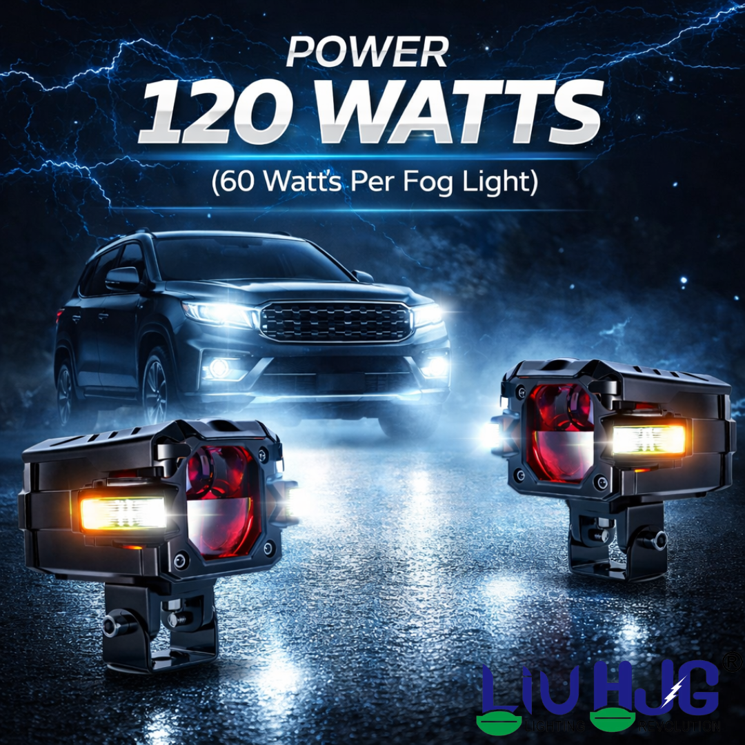 LIU HJG 3 Lens Fog Light with Indicator Waterproof 60W Each (120W Total) 12V-80V DC Power Yellow, White, Warm White, Red Devil Eye & Amber Indicator Light Universal fit All Bike & Car Model (Pack 2)
