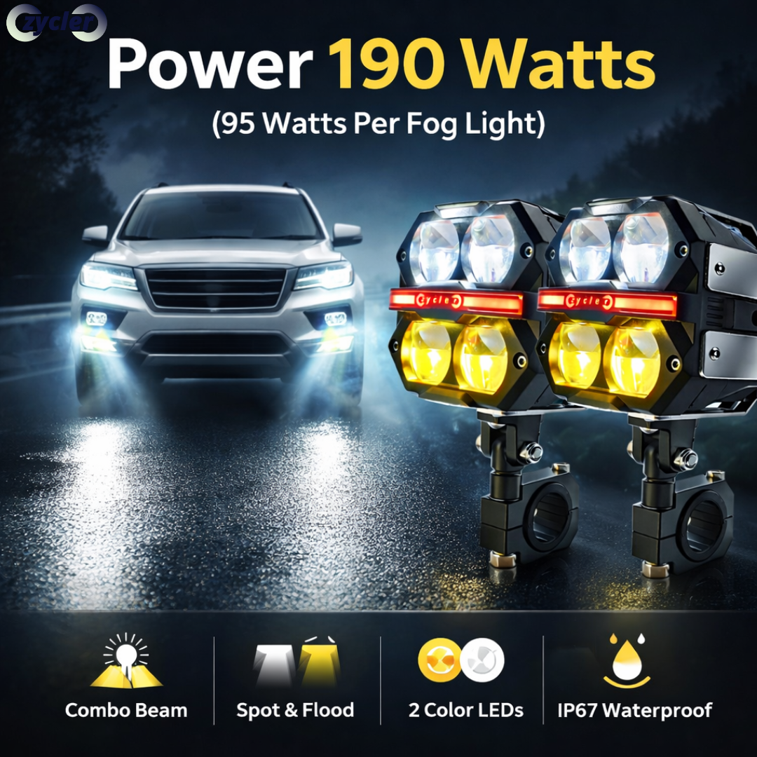 ZYCLER Dual Cut 4 Lens High Bright Premium Fog Light with Wiring Harness Waterproof White High Beam White, Yellow, Warm White Low Beam Light Yellow DRL Light Made By Fully CNC Metal 190W 12-80V DC Power Universal Fit For All Types of Vehicles (Pack of 2)