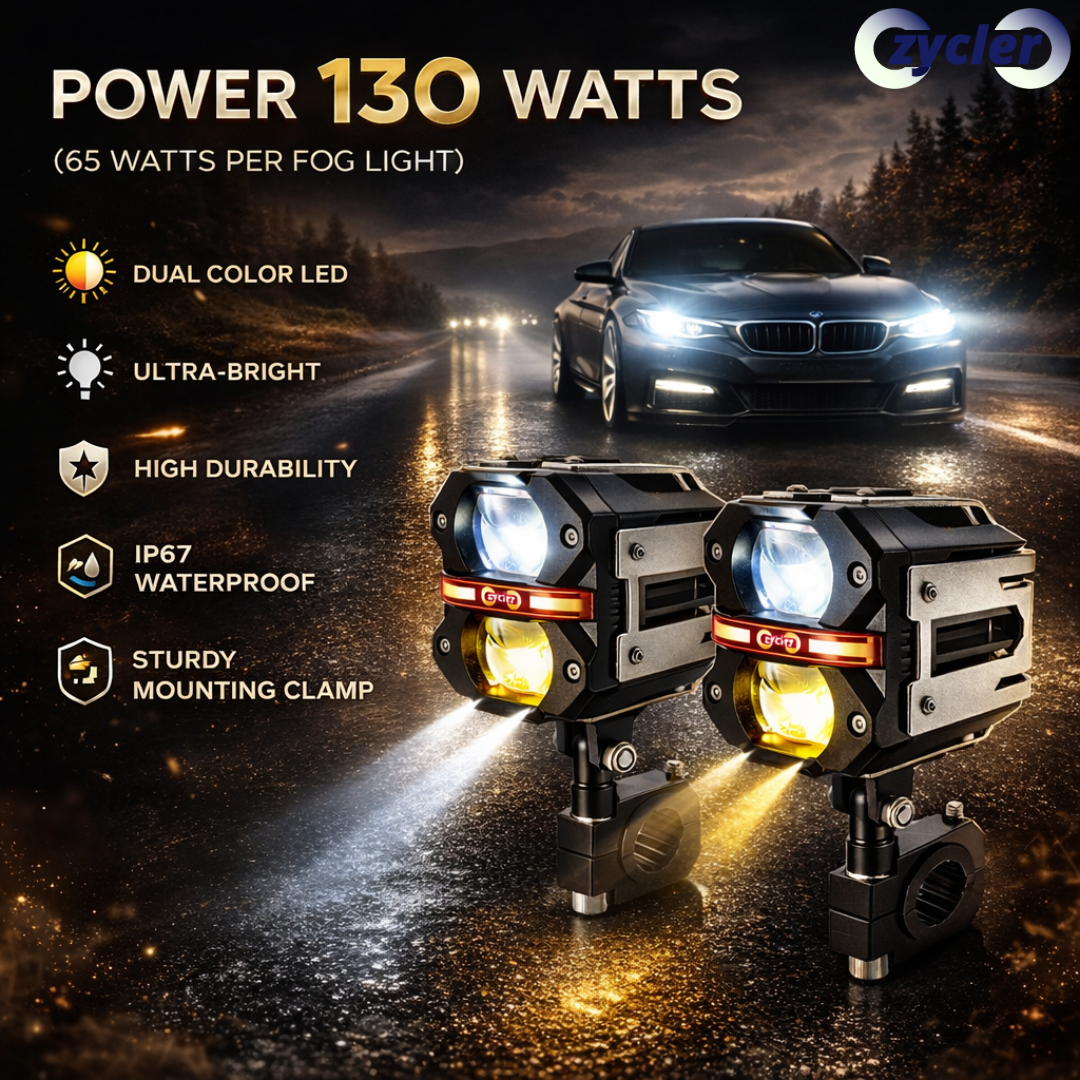 ZYCLER Dual Cut 2 Lens High Bright Premium Fog Light with Wiring Harness Waterproof White High Beam White, Yellow, Warm White Low Beam Light Yellow DRL Light Made By Fully CNC Metal 130W 12-80V DC Power Universal Fit All Types of Vehicles (Pack of 2)