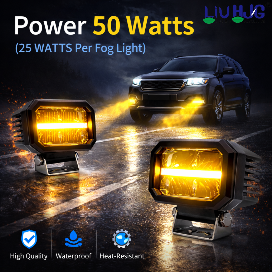 LIU HJG 4 LED High Bright Fog Light Waterproof & Dustproof 50 Watts 12V DC Power Yellow+White & Yellow DRL Light Reflection Universal fit for All Bikes & Cars (Pack of 2)