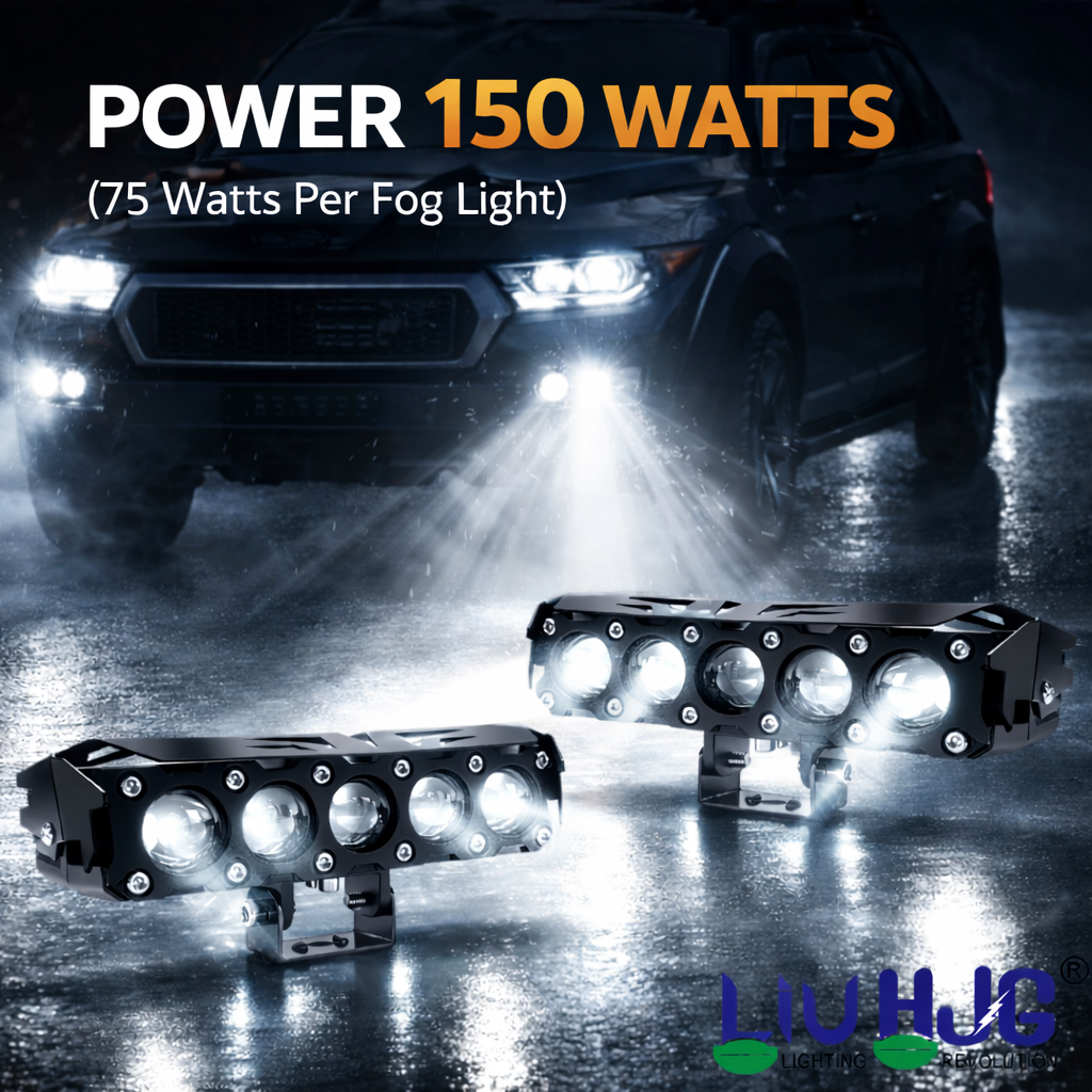 LIU HJG Future Eye 5 Lens LED Fog Light With Wiring Kit (Harness & Remote) Waterproof & Dustproof Power 75W Each (150W Total) 12V-80V DC Power HJG for Cars & Bikes (Pack of 2)
