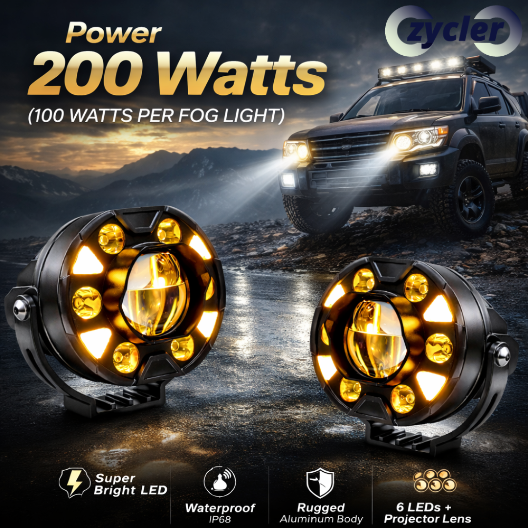 ZYCLER Dual Cut Lens 6 LED High Bright Premium Fog Light with Wiring Harness Waterproof White High Beam White, Yellow, Warm White Low Beam Light Yellow DRL Light Made By Fully CNC Metal 200W 12-80V DC Power Universal For All Types of Vehicles (Pack of 2)