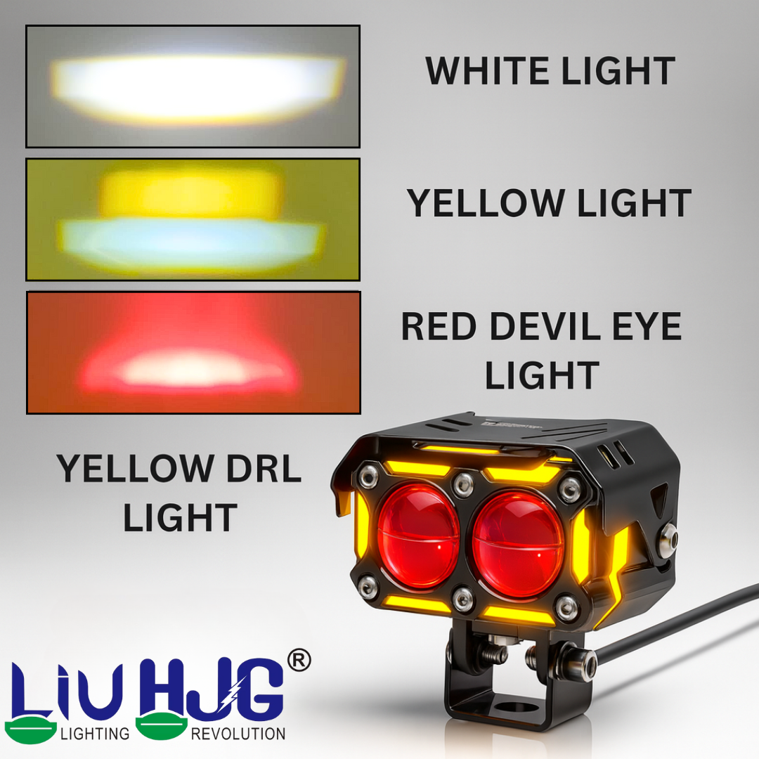 LIU HJG Dual Cut Lens Dual Lens LED Fog Light With Wiring Kit Waterproof & Dustproof 120W 12V DC Power Yellow, White, Red Devil Eye Light, Yellow DRL Universal fit for All Bikes & Cars (Pack of 2)
