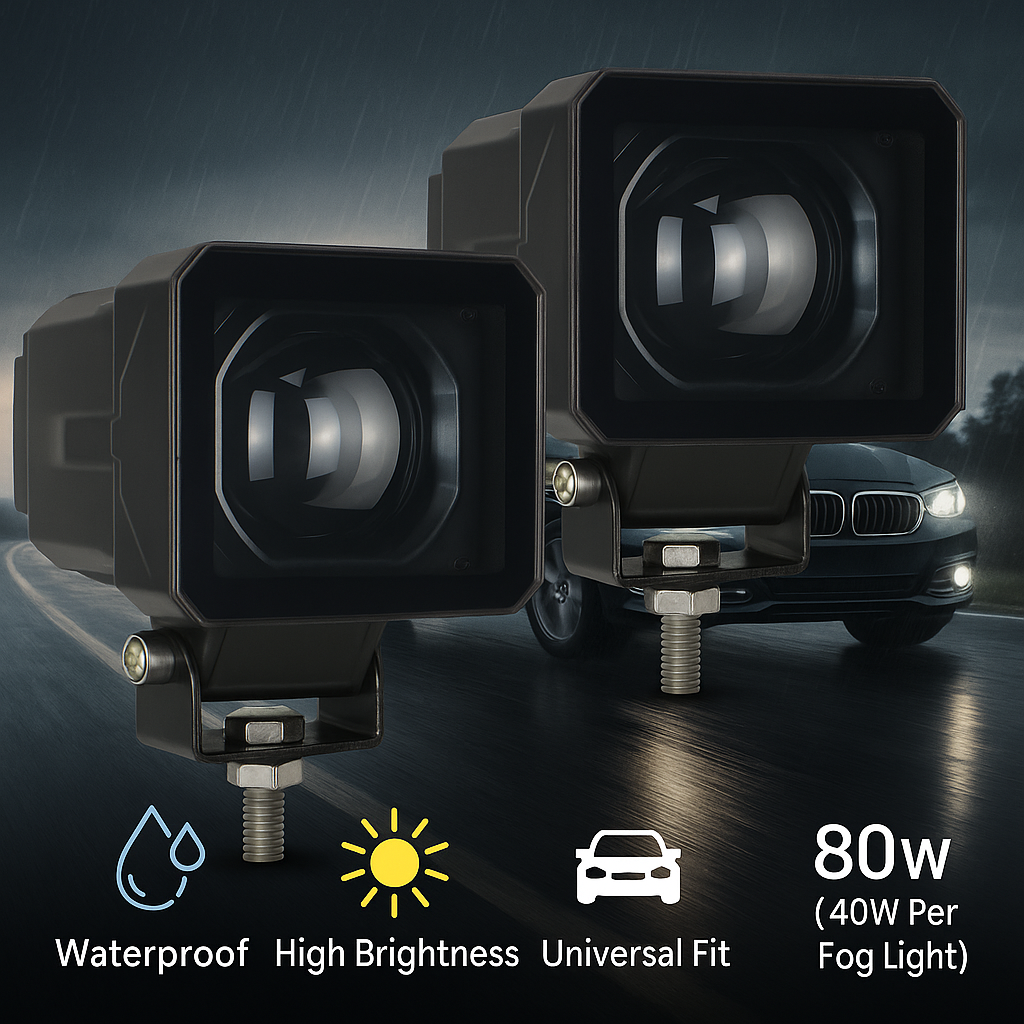 Four lighting mode output demonstration showing Yellow Low Beam, White High Beam, Yellow-White Combo Beam, and Red Devil Eye halo mode.