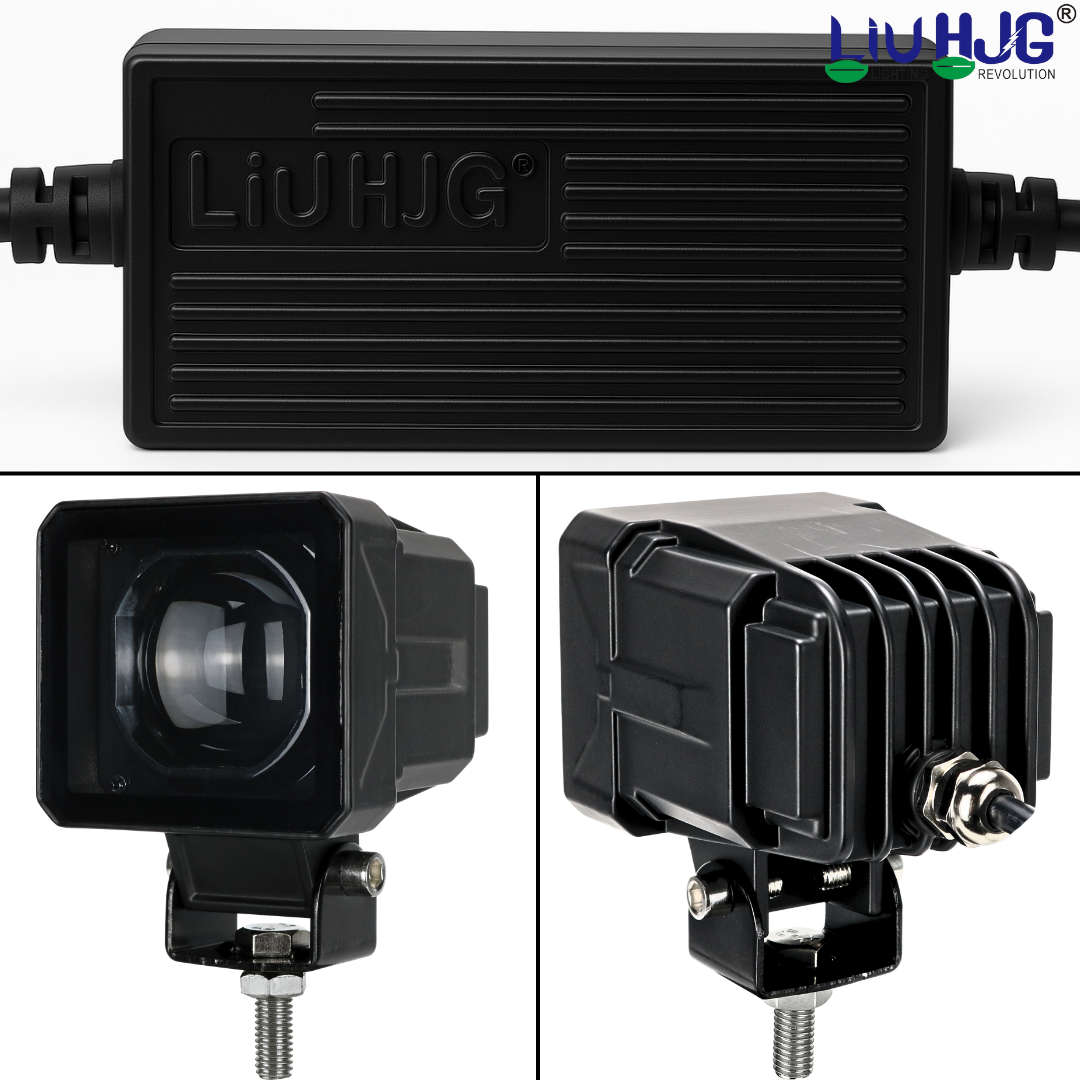 Front view and rear cooling fin view of 80W square fog light shown next to branded LIU HJG driver module box.