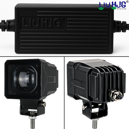 Front view and rear cooling fin view of 80W square fog light shown next to branded LIU HJG driver module box.