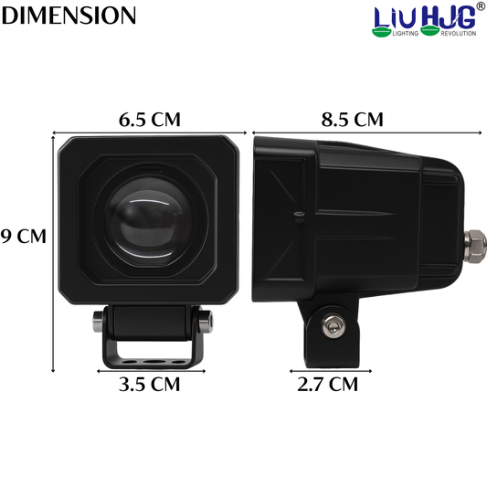 Product dimension diagram showing 80W square fog light measuring 6.5 cm width, 8.5 cm depth, and 9 cm height with mounting bracket.