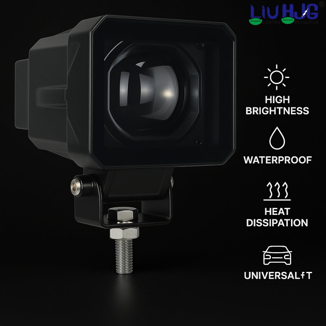 LIU HJG A32 square lens LED fog light highlighting high brightness, waterproof rating, heat dissipation, and universal fit.