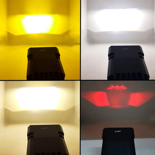 80W square lens LED fog light pair with mounting brackets displayed on dark rainy road.