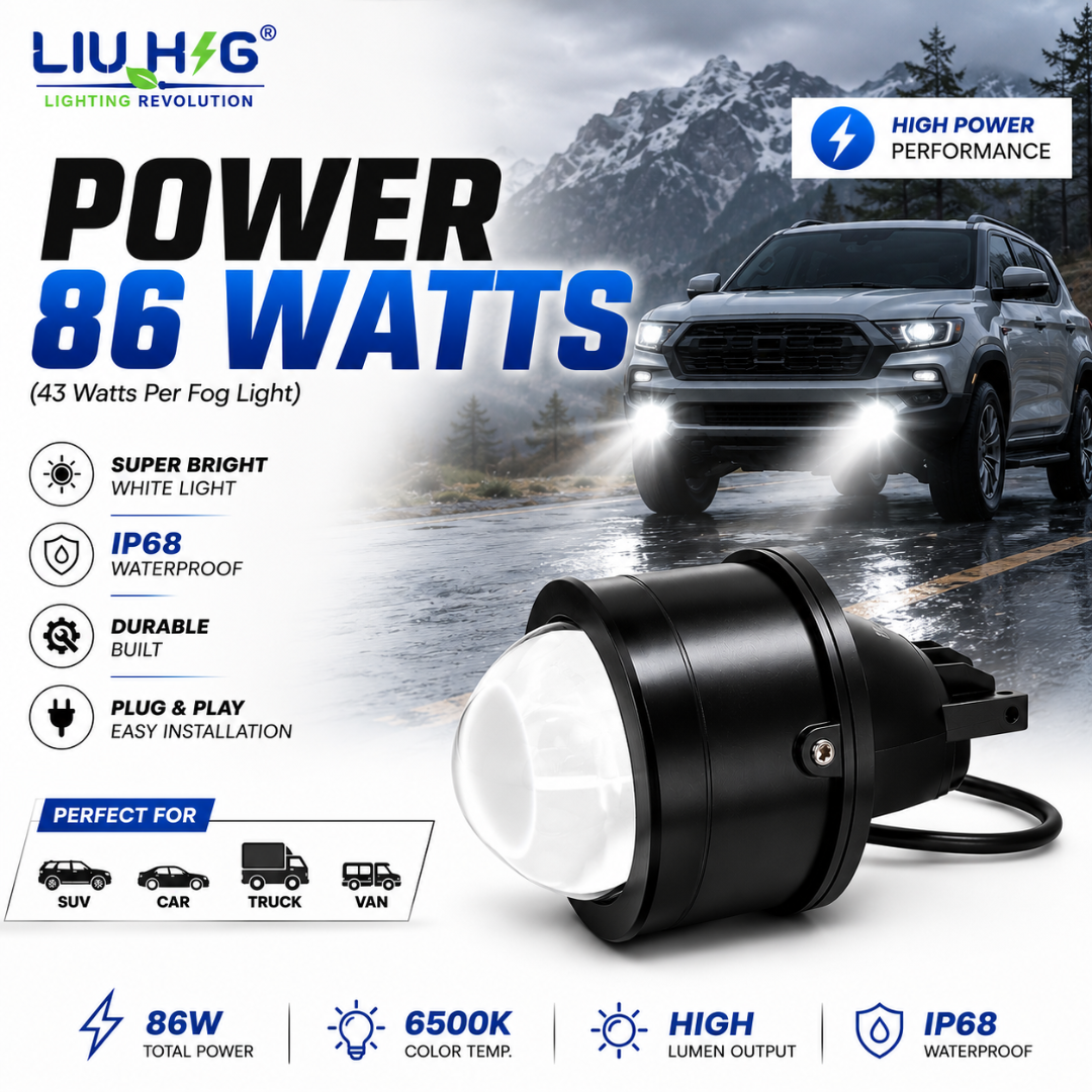 86W 3 inch LED projector fog lamps installed on SUV driving in night highway rain.