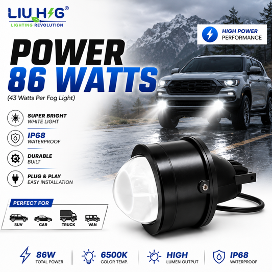 86W 3 inch LED projector fog lamps installed on SUV driving in night highway rain.