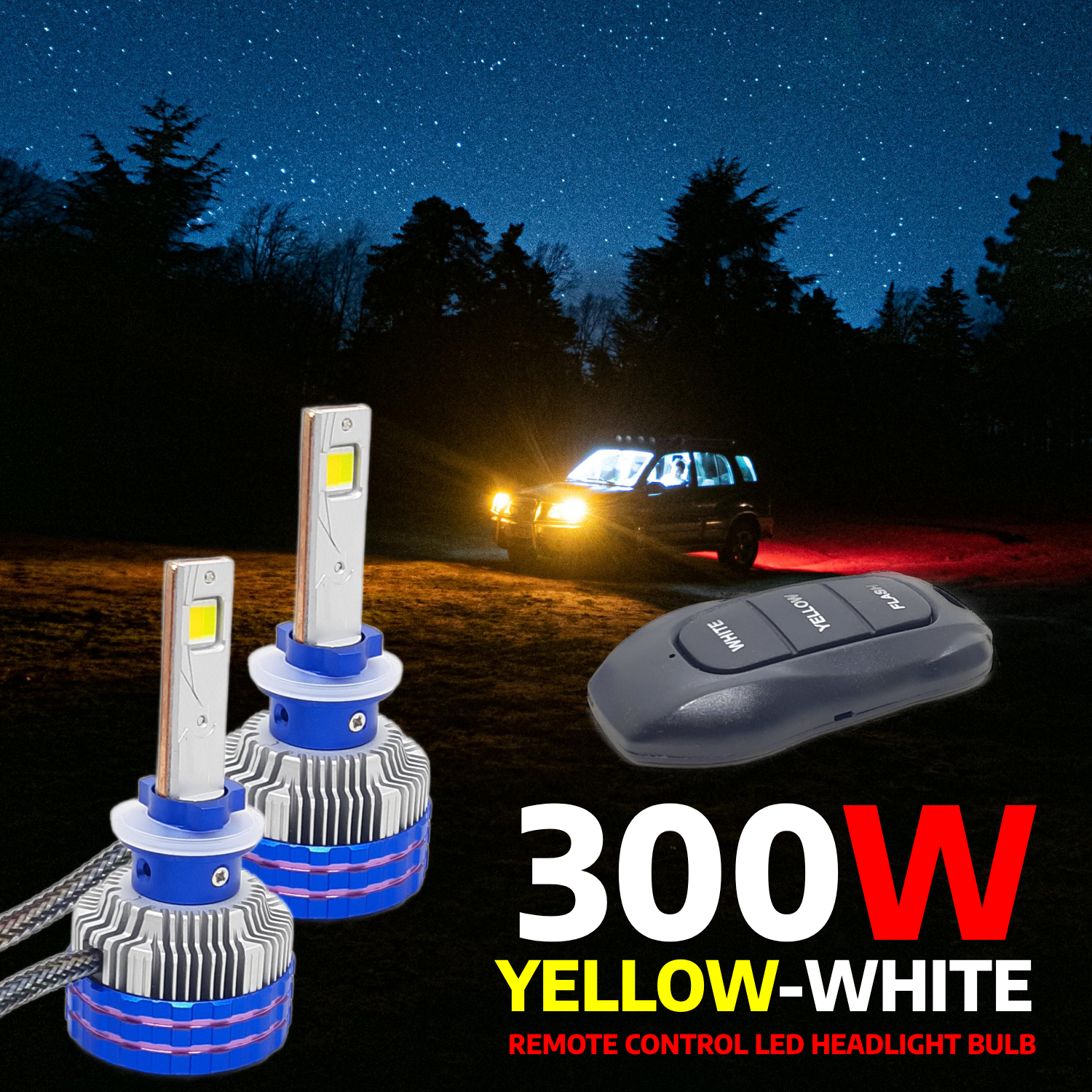 300W YELLOW/WHITE CAR LED HEADLIGHT BULB WITH REMOTE CONTROL
