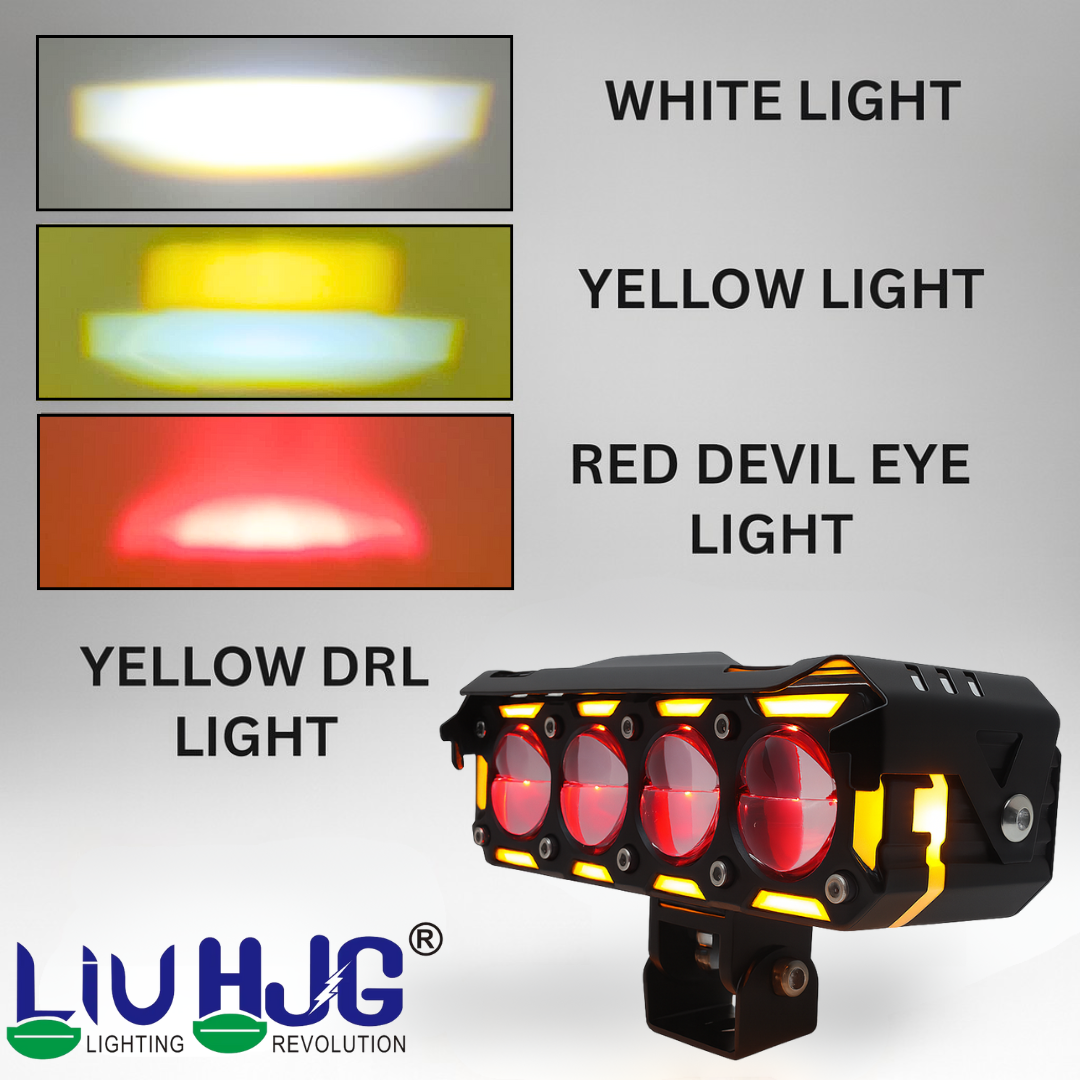 LIU HJG Dual Cut Lens 4 Lens LED Fog Light With Wiring Kit Waterproof & Dustproof 300W 12V DC Power Yellow, White, Red Devil Eye Light, Yellow DRL Universal fit for All Bikes & Cars (Pack of 2)