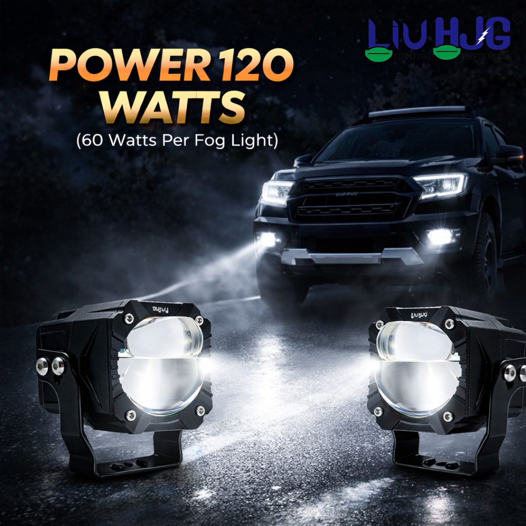 LIU HJG Gorilla Fog Dual Lens 120W Projector Fog Light | Ultra-Wide Dual Intensity LED Driving Lights | White/Yellow Beam with Red DRL Mode | Universal Fit for Cars, Bikes & SUVs