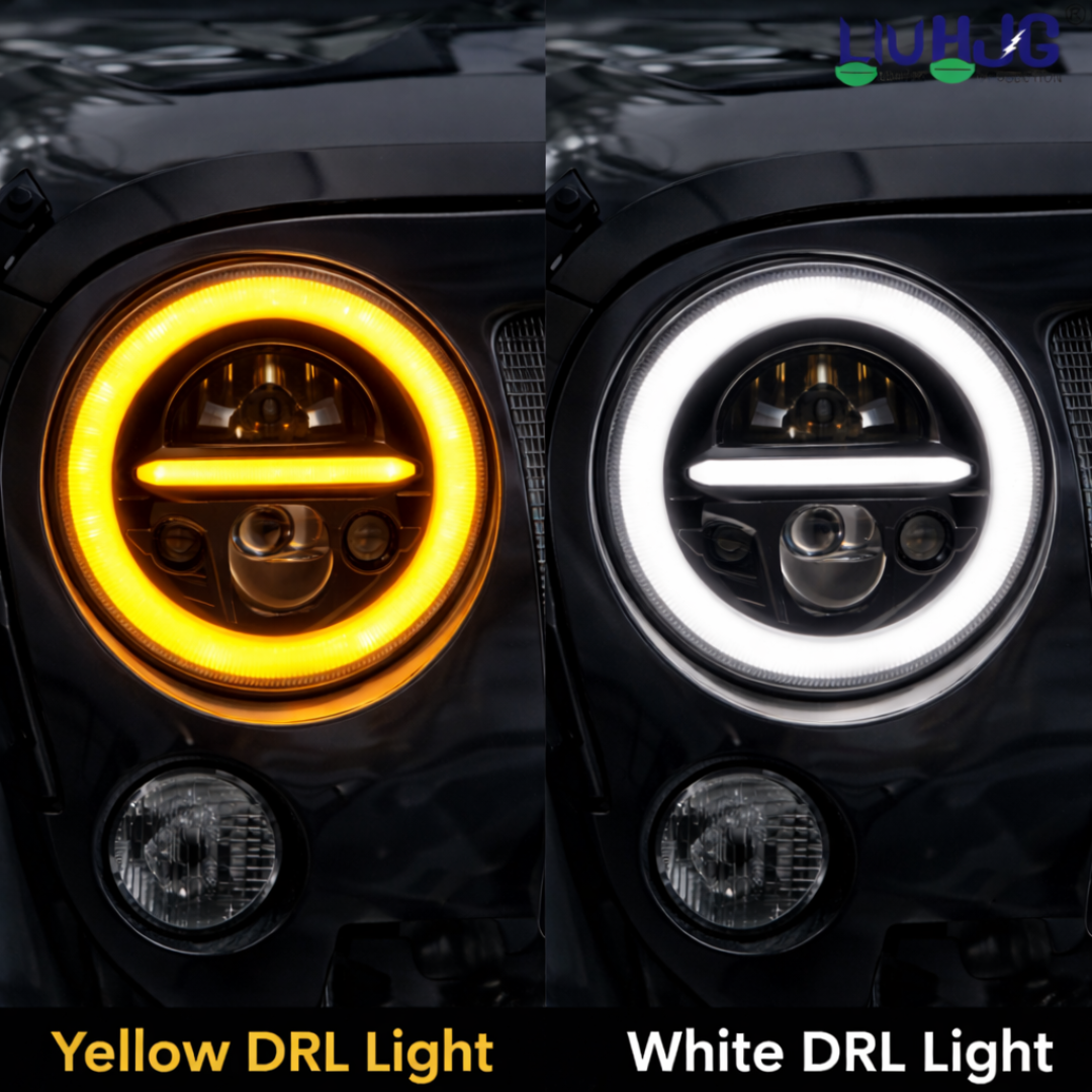 LIU HJG 7 Inch DRL LED Headlight Bulb High Brightness Waterproof & Dustproof High Beam 65W Low Beam 42W 12V DC Power Yellow White DRL Light Fit for Thar, Jeep, Classic 350, GT 650 (Pack of 1)