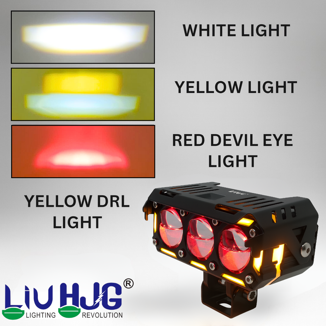 LIU HJG Dual Cut Lens 3 Lens LED Fog Light With Wiring Kit Waterproof & Dustproof 240W 12V DC Power Yellow, White, Red Devil Eye Light, Yellow DRL Universal fit for All Bikes & Cars (Pack of 2)