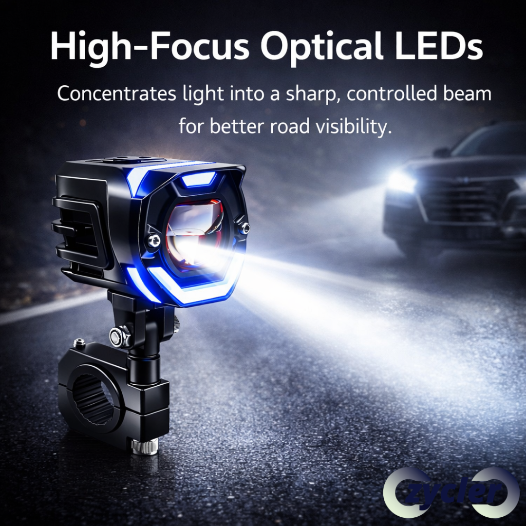 ZYCLER Dual Cut Single Lens High Bright Premium Fog Light with Wiring Harness Waterproof White High Beam, White Low Beam & Red Devil Light & Blue DRL Light Made By Fully CNC Metal 120W 12-80V DC Power Universal For All Types of Vehicles (Pack of 2)