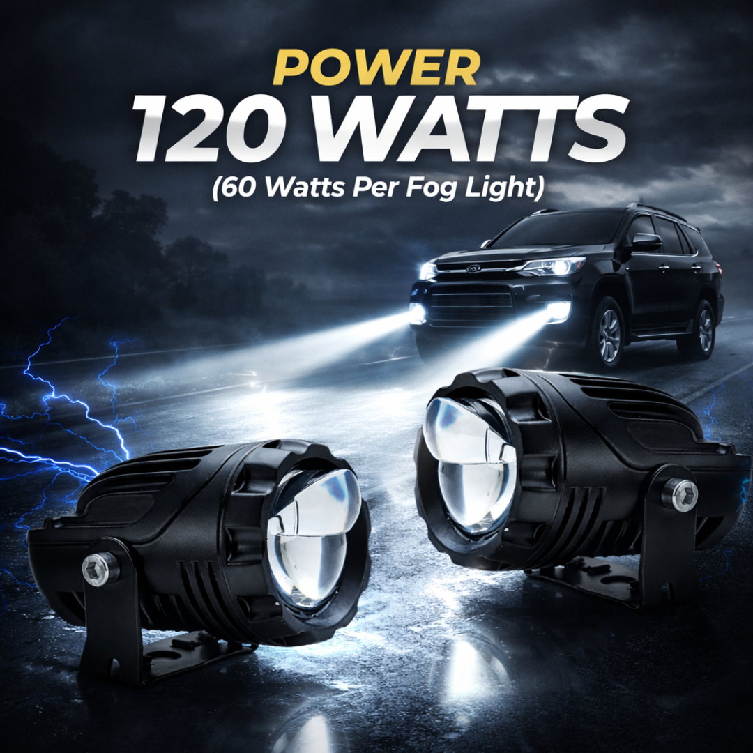 AUTOPOWERZ Dual Cut Lens LED Fog Light Waterproof & Dustproof Cooling Fan Inbuilt (120W Total) 12V-80V DC Power Yellow, White, Warm White Light Reflection Universal fit All Bikes & Cars Model (Pack 2)