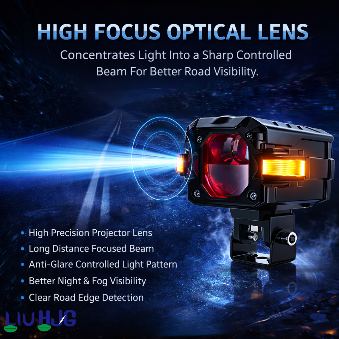 LIU HJG 3 Lens Fog Light with Indicator Waterproof 60W Each (120W Total) 12V-80V DC Power Yellow, White, Warm White, Red Devil Eye & Amber Indicator Light Universal fit All Bike & Car Model (Pack 2)