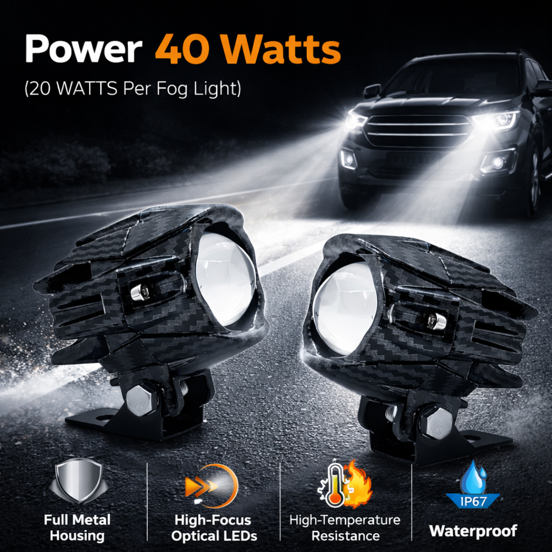 AUTOPOWERZ Ultra Bright Single Lens Fog Light Waterproof & Dustproof 40W 12V DC Power Yellow+White Light Reflection Carbon Finish Universal fit for All Bikes & Cars Model (Pack of 2 With Switch)