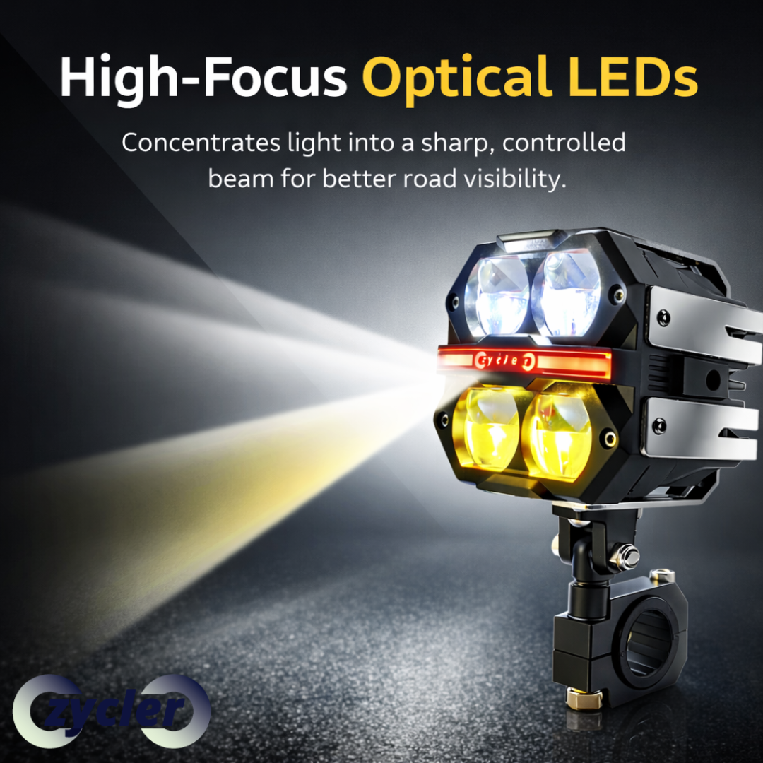 ZYCLER Dual Cut 4 Lens High Bright Premium Fog Light with Wiring Harness Waterproof White High Beam White, Yellow, Warm White Low Beam Light Yellow DRL Light Made By Fully CNC Metal 190W 12-80V DC Power Universal Fit For All Types of Vehicles (Pack of 2)