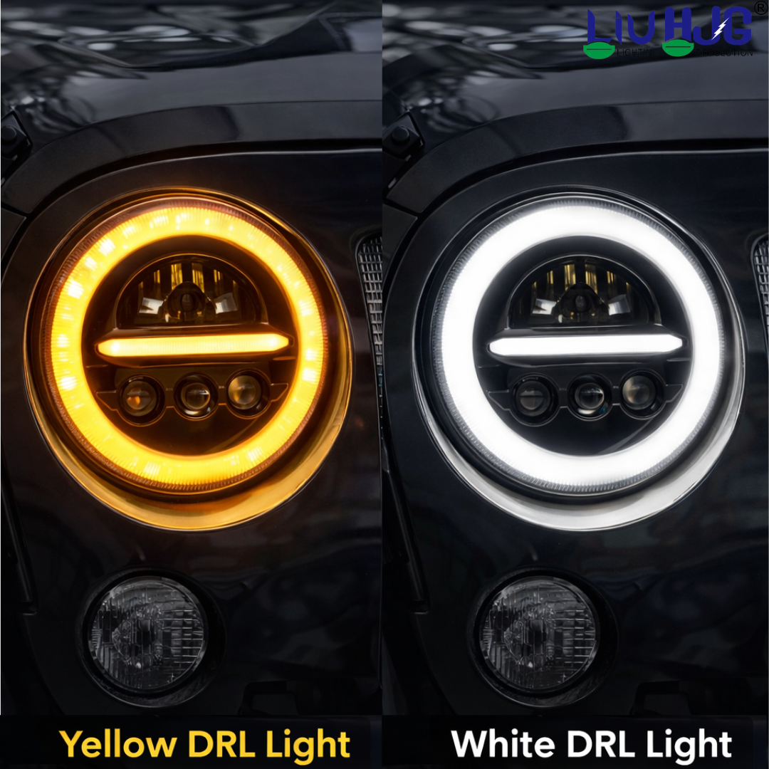 LIU HJG 7 Inch DRL LED Headlight Bulb High Brightness Waterproof & Dustproof High Beam 67W Low Beam 45W 12V DC Power Yellow White DRL Light Fit for Thar, Jeep, Classic 350, GT 650 (Pack of 1)