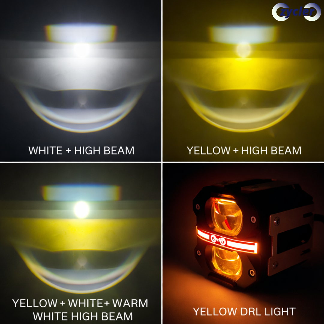 ZYCLER Dual Cut 2 Lens High Bright Premium Fog Light with Wiring Harness Waterproof White High Beam White, Yellow, Warm White Low Beam Light Yellow DRL Light Made By Fully CNC Metal 130W 12-80V DC Power Universal Fit All Types of Vehicles (Pack of 2)