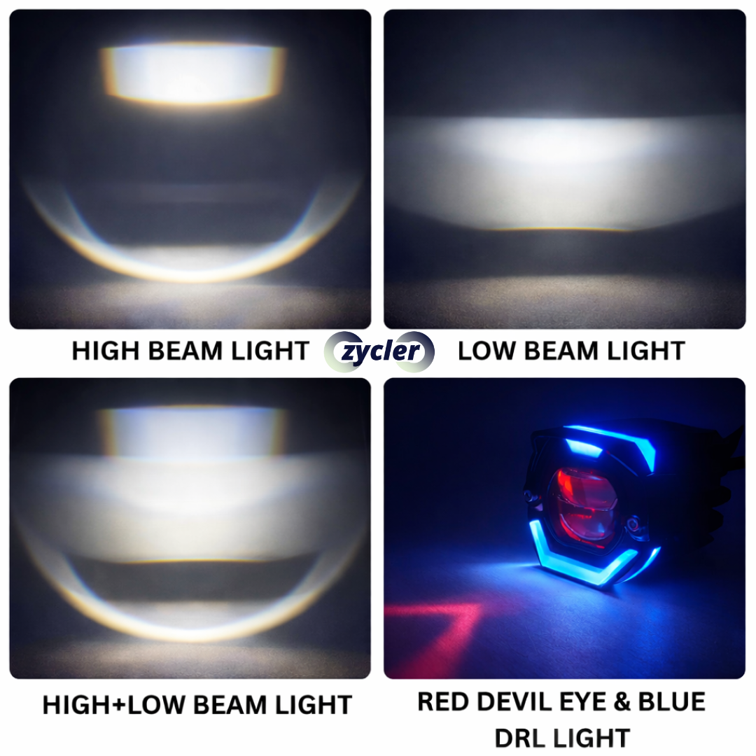 ZYCLER Dual Cut Single Lens High Bright Premium Fog Light with Wiring Harness Waterproof White High Beam, White Low Beam & Red Devil Light & Blue DRL Light Made By Fully CNC Metal 120W 12-80V DC Power Universal For All Types of Vehicles (Pack of 2)