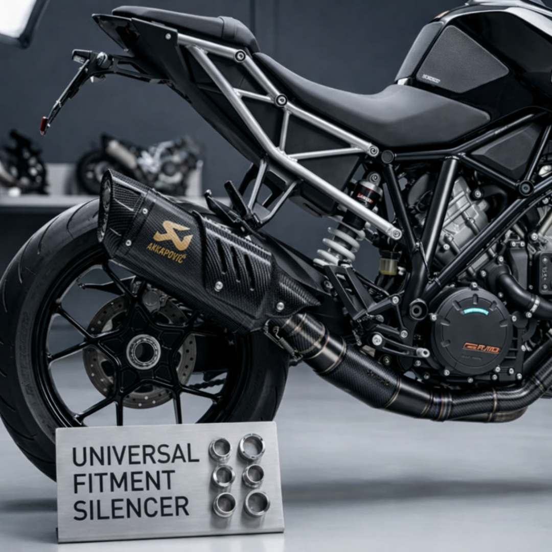 AUTOPOWERZ Carbon Finish Triangle Long Motorcycle Exhaust Silencer, Noise Control, Secure Pipe Connection Universal Fitment Premium Sports Bike Silencer (Pack of 1)