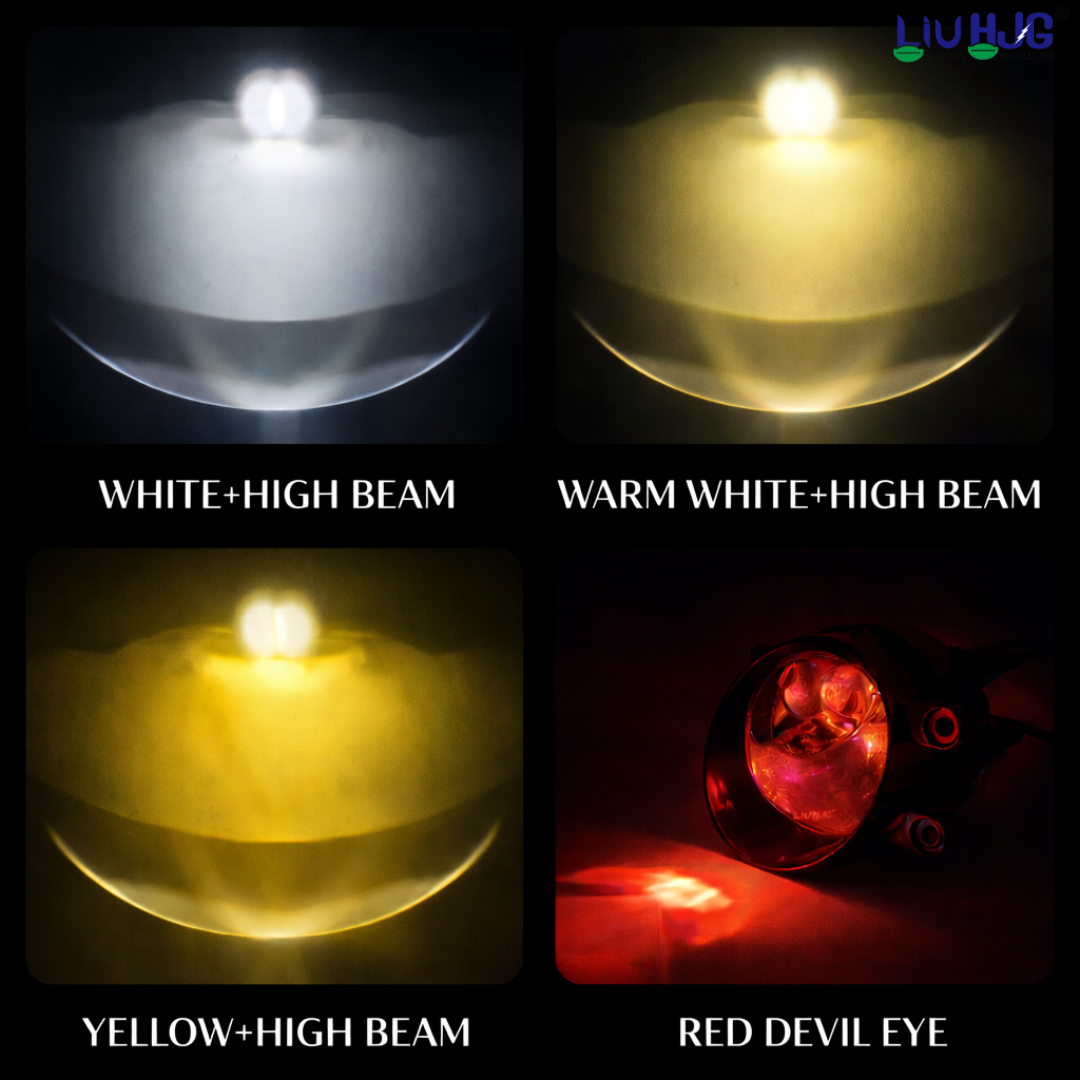LIU HJG 3 Inch LED Projector Lens Laser Fog Lamp with Cap Waterproof & Heat Dissipation 120W 12V DC Power Yellow White & Red Devil Eye Light Reflection Universal Fit All Bikes & Cars Model (Pack of 2)