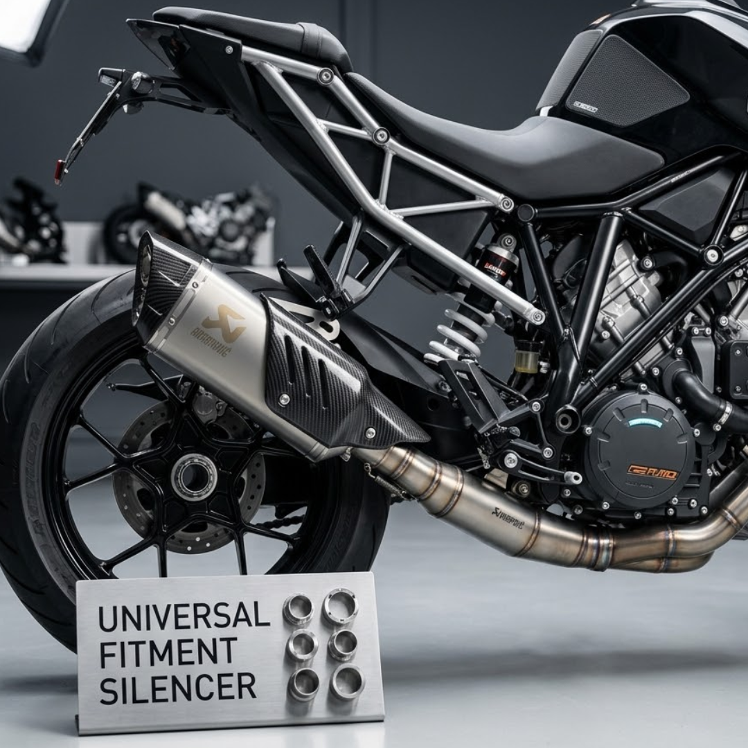 AUTOPOWERZ Silver Carbon Finish Triangle Long Motorcycle Exhaust Silencer, Noise Control, Secure Pipe Connection Universal Fitment Premium Sports Bike Silencer (Pack of 1)