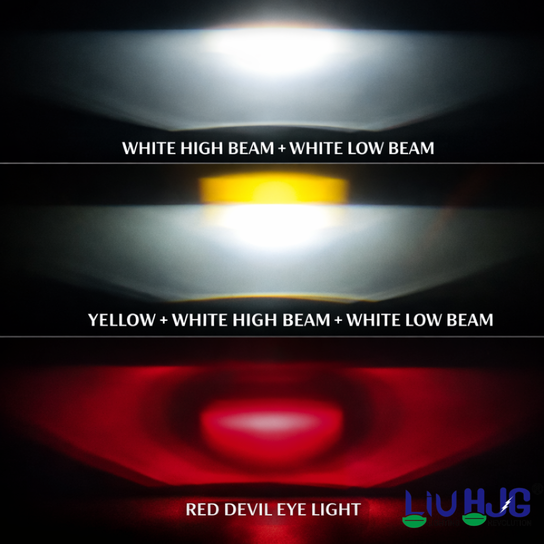 LIU HJG 3 Lens Ultra Bright LED Fog Light Waterproof 7 Dustproof 100W Each (200W Total) 12V-80V DC Power Yellow, White & Red Devil Eye Light Universal fit for All Bikes & Cars Model (Pack of 2)