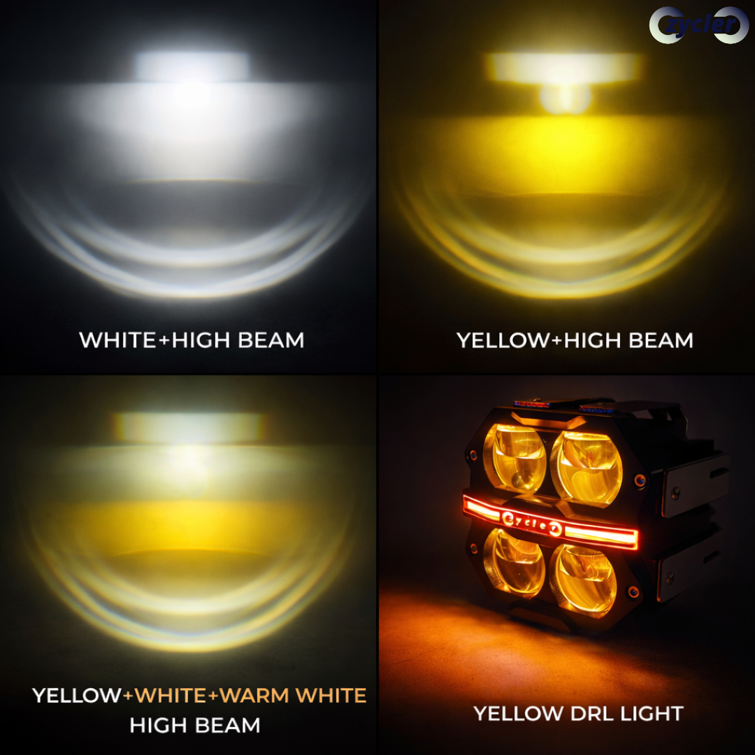ZYCLER Dual Cut 4 Lens High Bright Premium Fog Light with Wiring Harness Waterproof White High Beam White, Yellow, Warm White Low Beam Light Yellow DRL Light Made By Fully CNC Metal 190W 12-80V DC Power Universal Fit For All Types of Vehicles (Pack of 2)