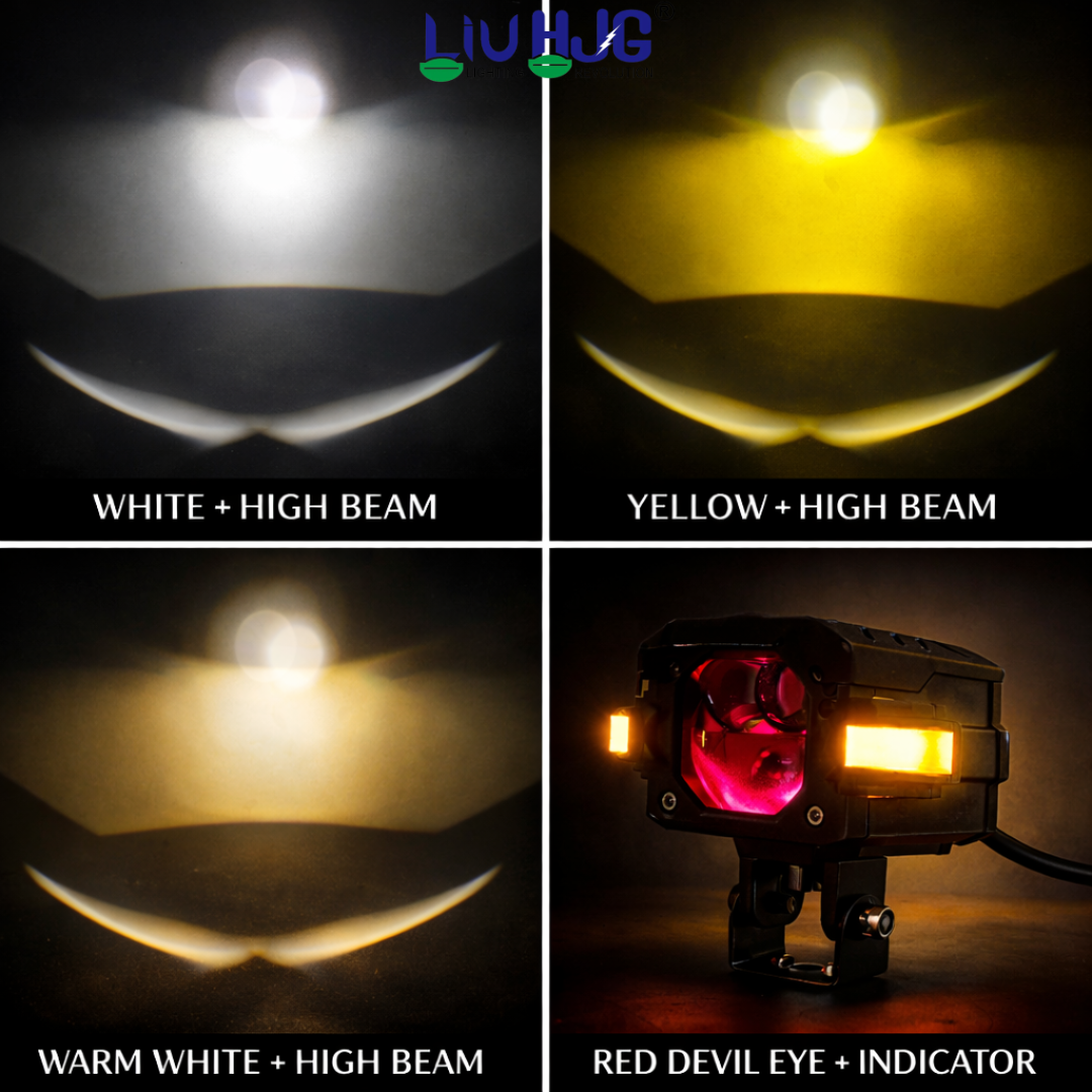 LIU HJG 3 Lens Fog Light with Indicator Waterproof 60W Each (120W Total) 12V-80V DC Power Yellow, White, Warm White, Red Devil Eye & Amber Indicator Light Universal fit All Bike & Car Model (Pack 2)