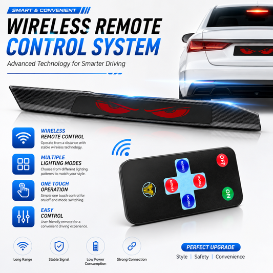 AUTOPOWERZ wireless remote control system with mode buttons shown next to white sedan with illuminated Red Devil Eye tail light.