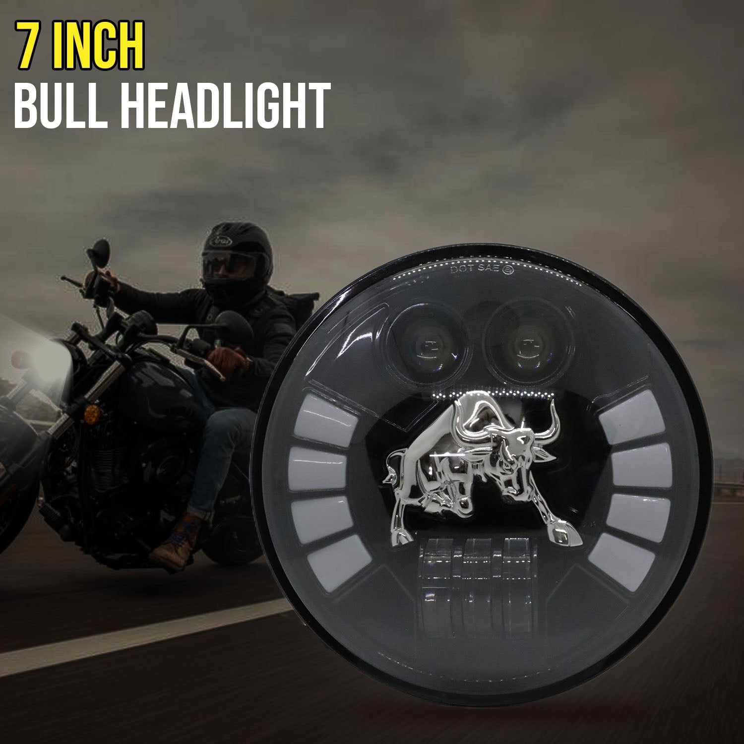 AUTOPOWERZ® 7 Inch Round BULL Headlight ( 7 Inch Bull Headlight) White/Yellow & Multicolour Light Effect With Bull Logo