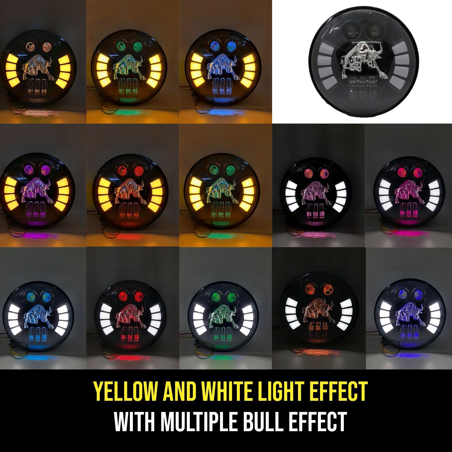 AUTOPOWERZ® 7 Inch Round BULL Headlight ( 7 Inch Bull Headlight) White/Yellow & Multicolour Light Effect With Bull Logo
