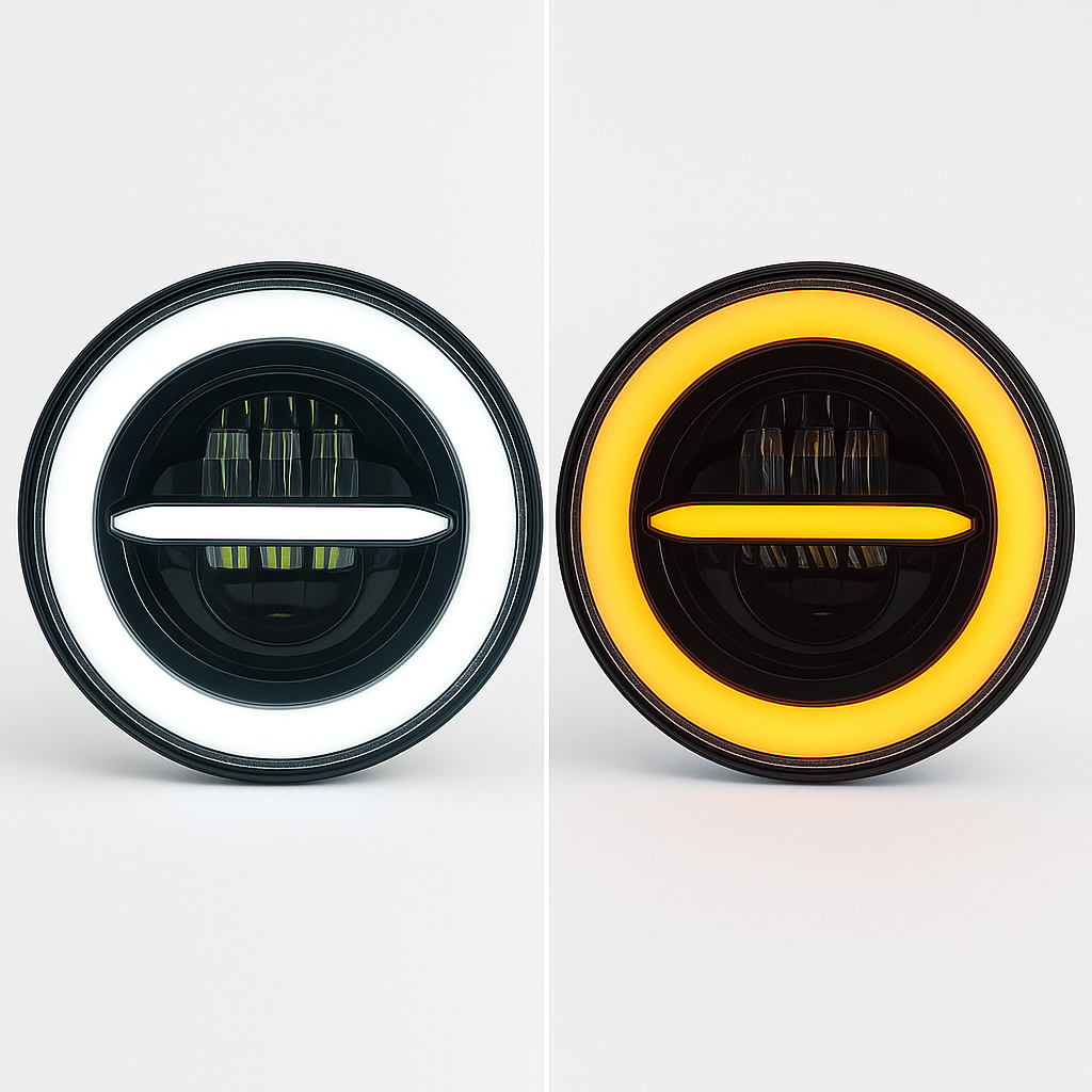 LIU HJG 7 inch headlight, yellow/white drl headlight, round led headlight, liu hjg thick drl headlight, round led headlight, liu hjg round headlight with drl