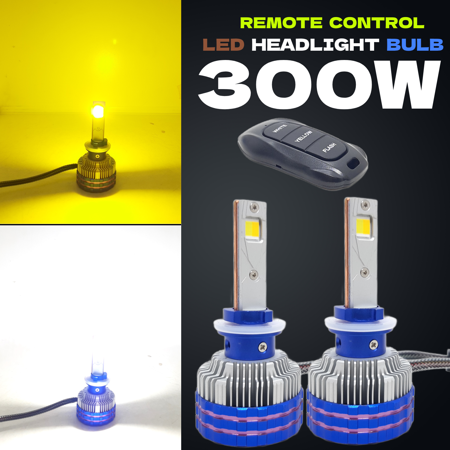 300W YELLOW/WHITE CAR LED HEADLIGHT BULB WITH REMOTE CONTROL