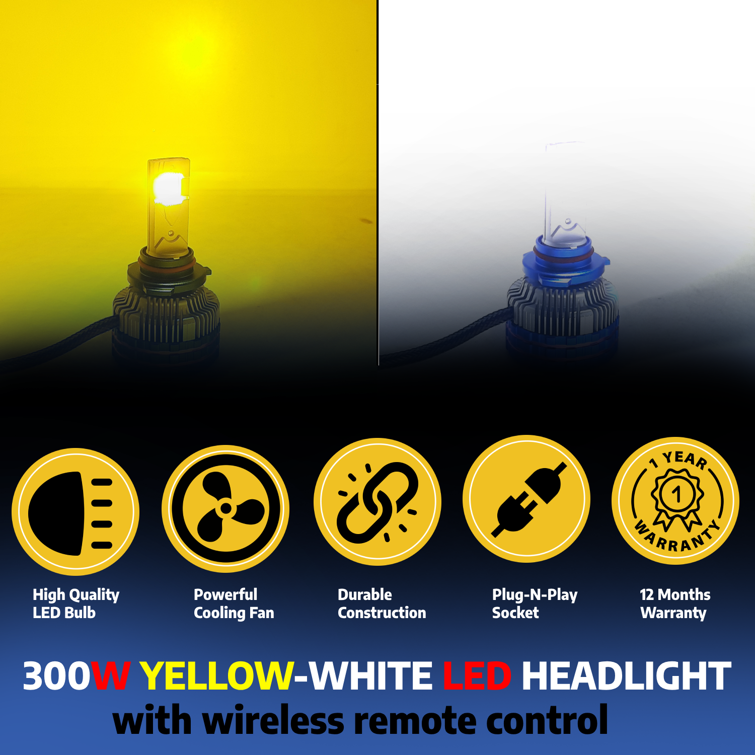 300W YELLOW/WHITE CAR LED HEADLIGHT BULB WITH REMOTE CONTROL